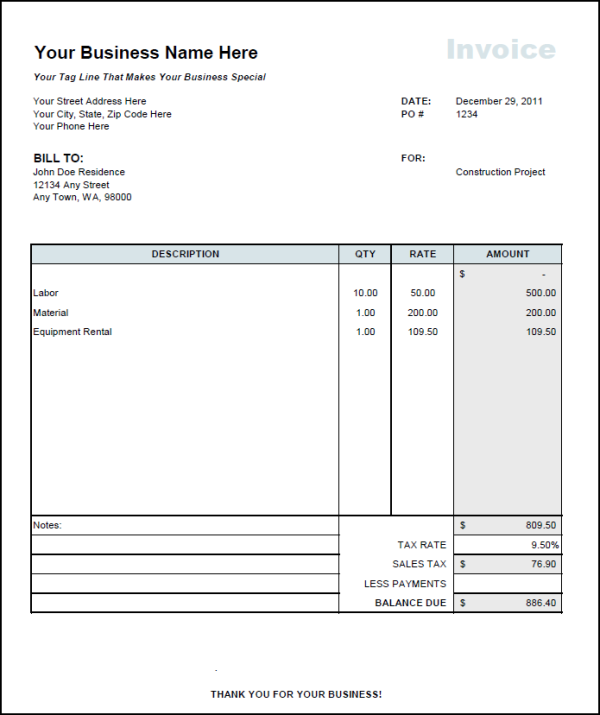 Fast Easy Accounting Invoice Showing Equipment Rental Sales Tax