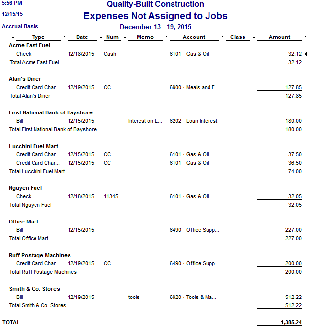 Fast Easy Accounting QuickBooks Expenses Not Assigned To Jobs Report