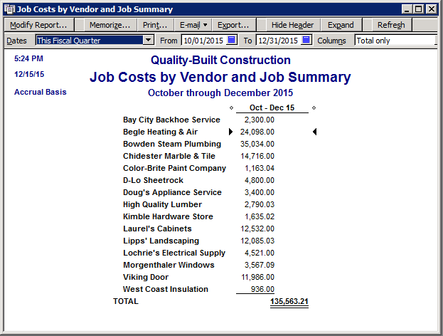 Fast Easy Accounting QuickBooks Job Cost By Vendor And Job Summary Report