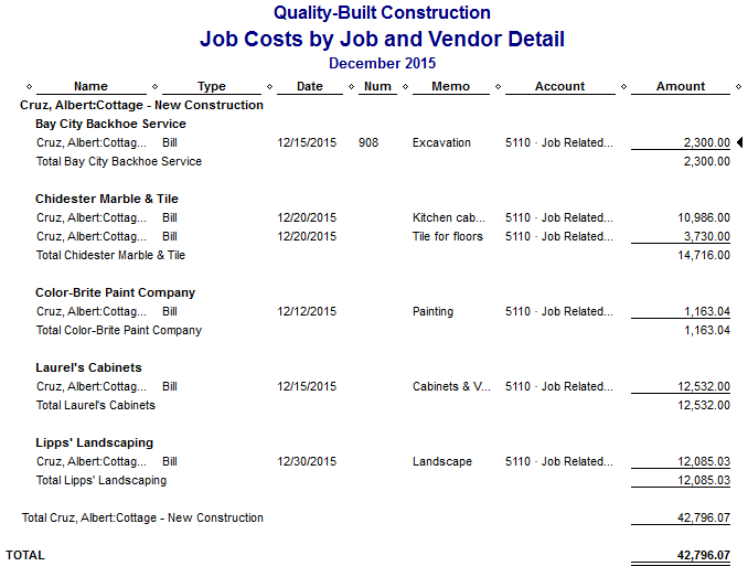 Fast Easy Accounting QuickBooks Job Costs By Job And Vendor Detail Report