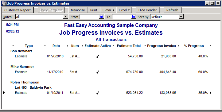 Fast Easy Accounting QuickBooks Job Progress Invoices Vs Estimatesl Report