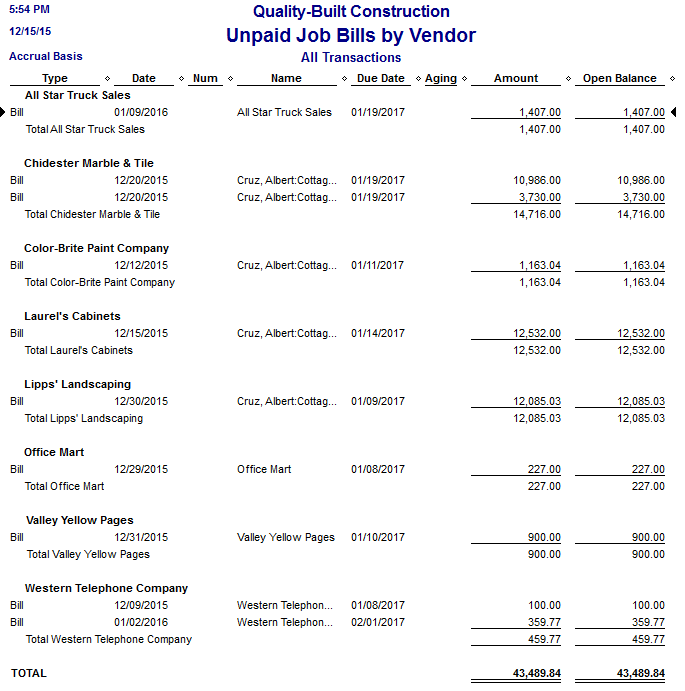 Fast Easy Accounting QuickBooks Unpaid Job Bills By Vendor Report