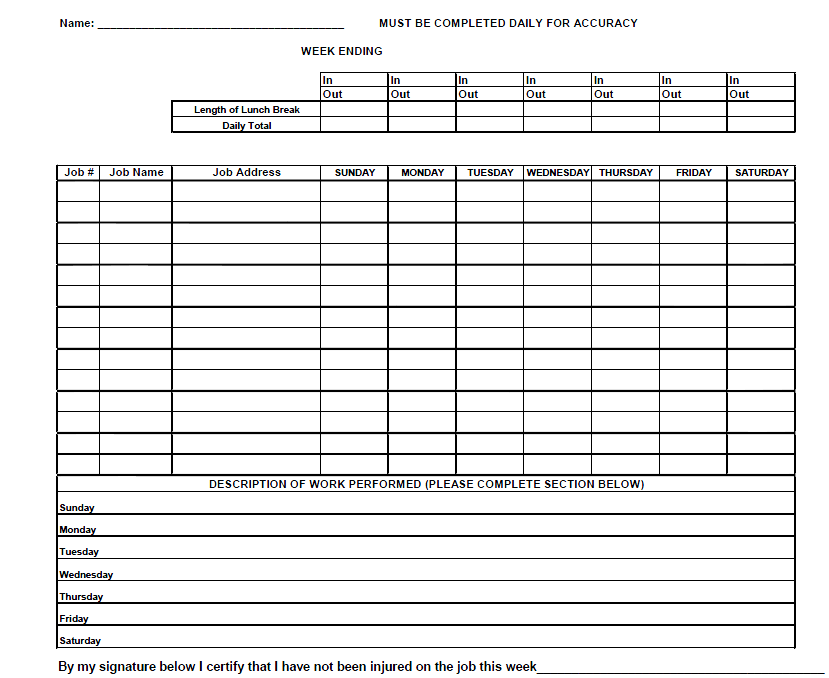 Fast Easy Accounting Strategic Bookkeeping Services Sample Contractor Time Card