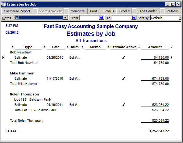 Fast Easy Accounting Uses QuickBooks Estimates By Job Report