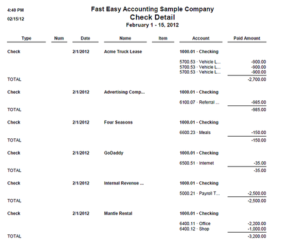 QuickBooks Check Detail Report From Fast Easy Accounting