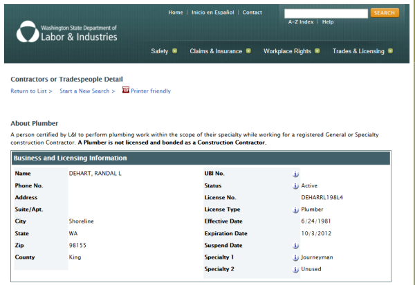 Randal DeHart Journeyman Plumber Washington State