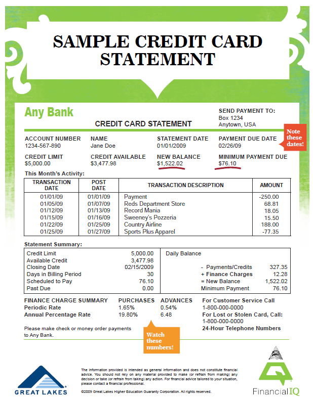 Sample Credit Card Statement