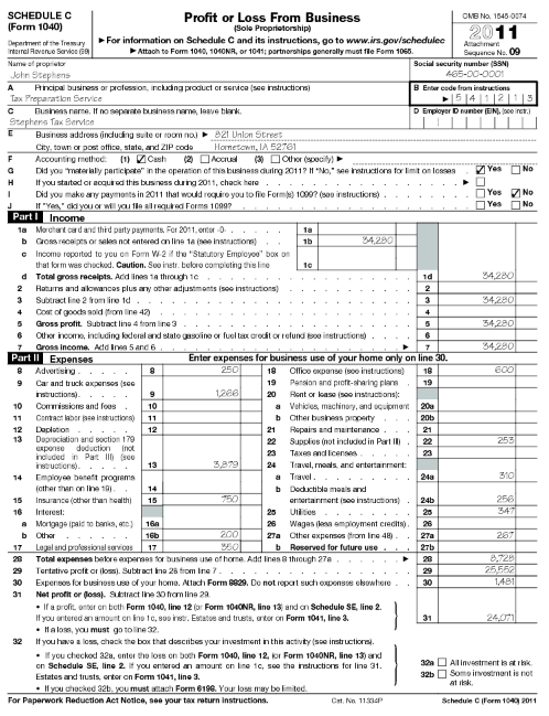 Schedule C IRS Tax Form Sample