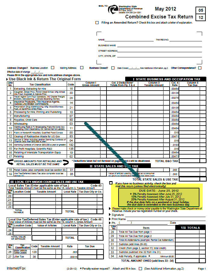 Washington State Department Of Revenue Combined Excise Tax Return May 2012 Sample