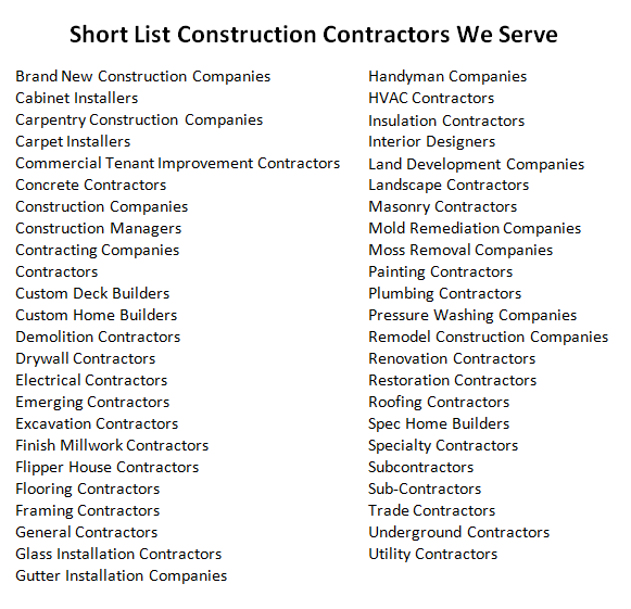 Short List Of Construction Contractors We Serve