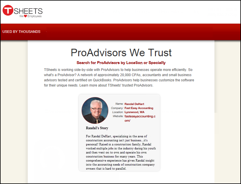 TSheets ProAdvisor Randal DeHart Fast Easy Accounting 206 361 3950