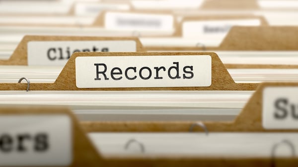 Records Concept. Word on Folder Register of Card Index. Selective Focus.