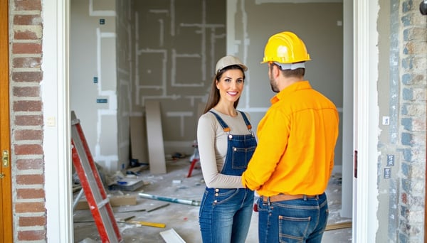 The image depicts a home owner and contractor inside their home under renovation-1