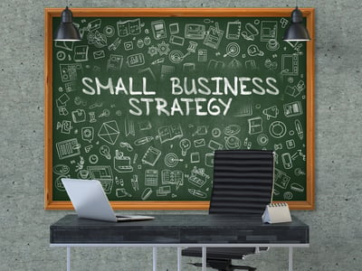 Small Business Strategy. Green Chalkboard on the Gray Concrete Wall in the Interior of a Modern Office with Hand Drawn Small Business Strategy. Business Concept with Doodle Style Elements. 3D..jpeg