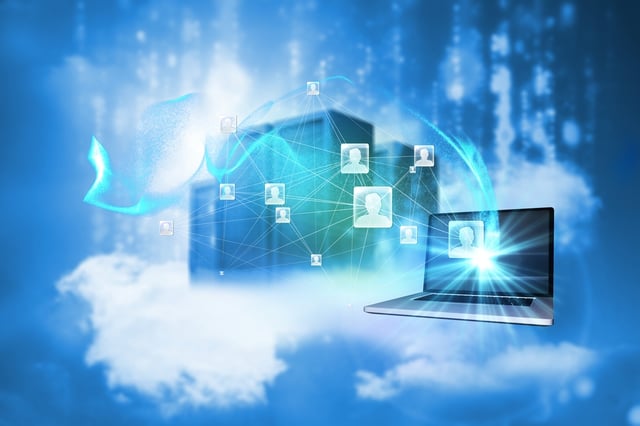 Social network background against cityscape on cloud.jpeg