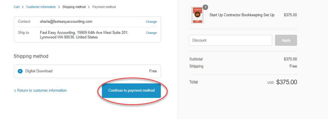Continue to payment method
